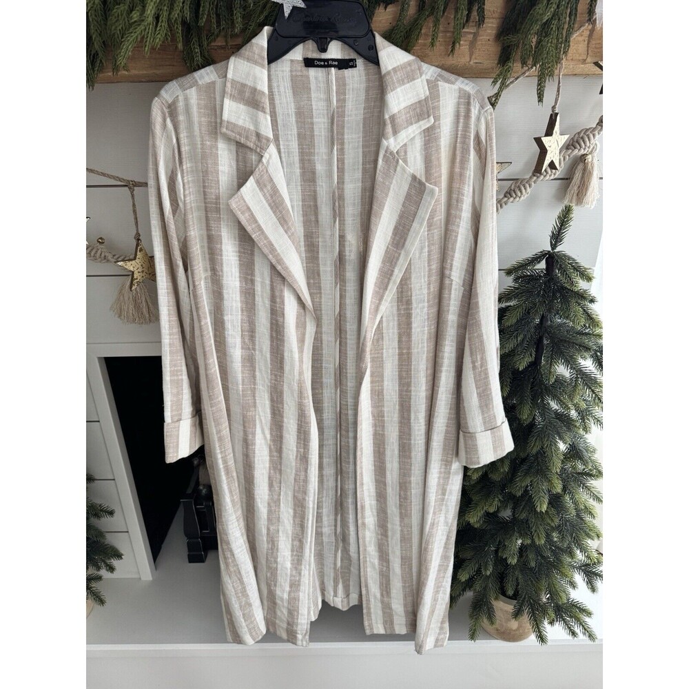 DOE & RAE 100% LINEN Women's size S Linen Striped Long Line Open Front Jacket